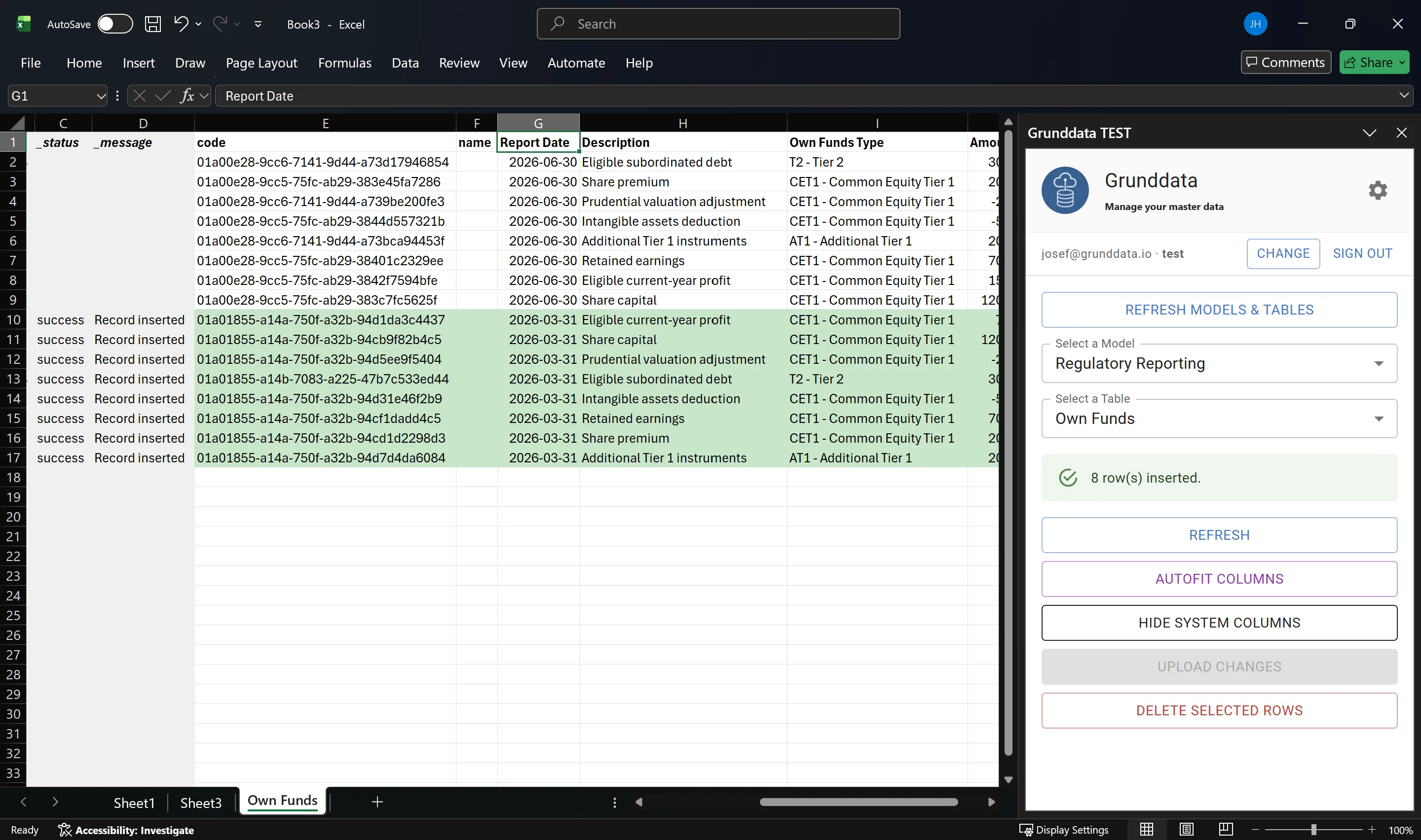 Grunddata Excel add-in with a counterparty table loaded and the Grunddata panel open